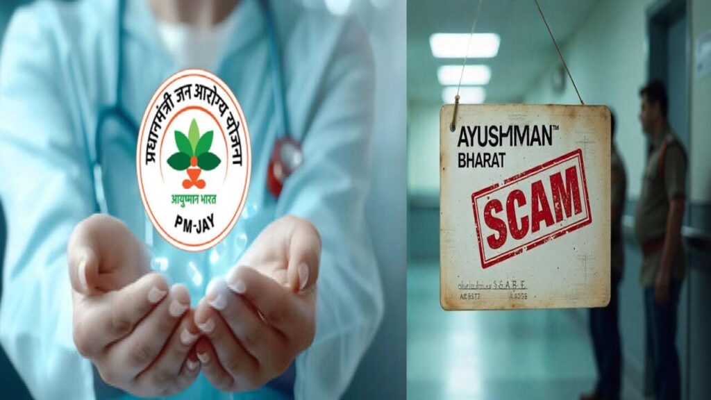 Ayushman Bharat card with a red warning symbol for hospital scams
