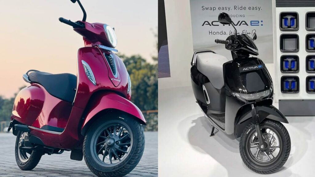 Bajaj Chetak and Honda Activa E electric scooters displayed side by side, highlighting their retro-modern and sleek designs.