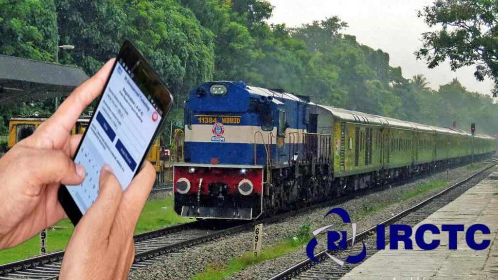 Indian Railways premium train on scenic route, promoting 365-day advance booking for foreign tourists.