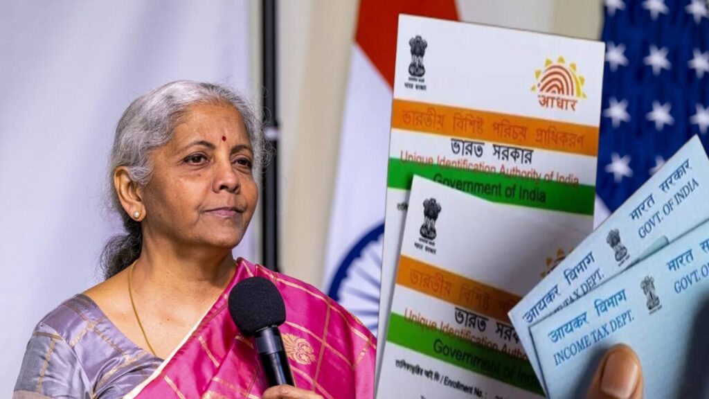 Illustration of PAN and Aadhaar cards with a link icon, representing the importance of linking for financial transparency.