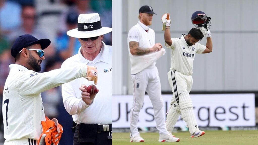 Rishabh Pant discussing with umpire Paul Reiffel during India vs England 1st Test at Headingley over ball condition