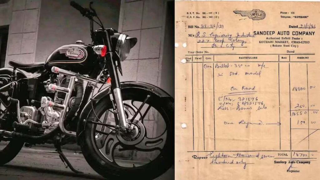 Vintage Royal Enfield Bullet 350 bill from 1986 showing price of 18,700 rupees
