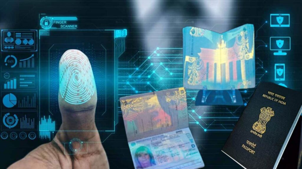Close-up of an Indian e-passport with RFID chip, showcasing modern travel technology.