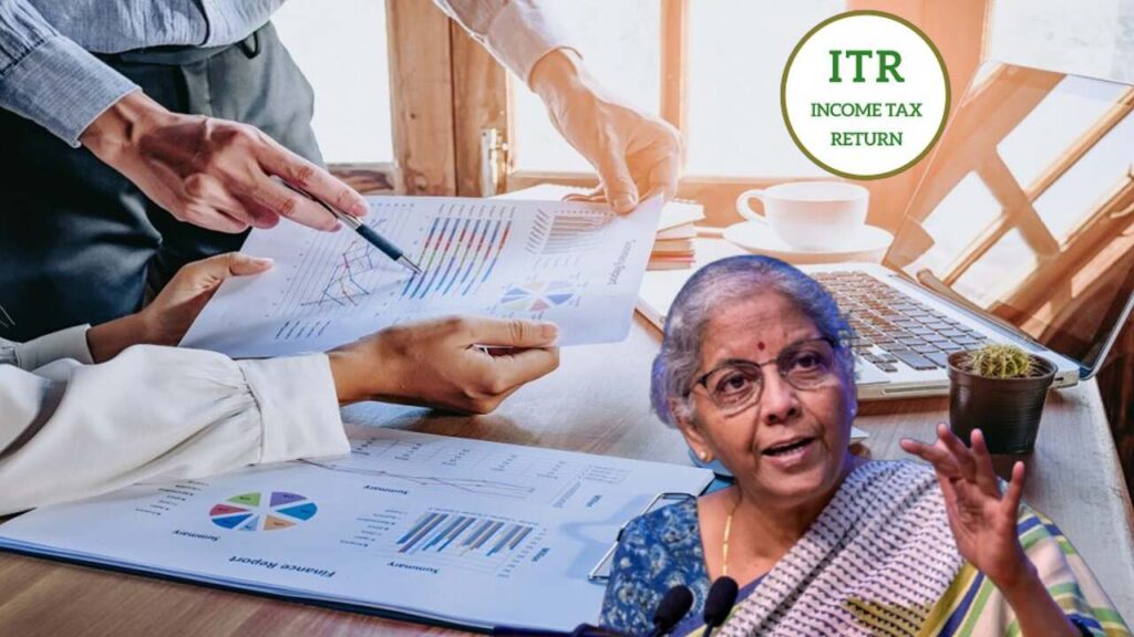 A person using a laptop to file ITR online, with Karnataka-specific financial documents like PAN card and bank statements.