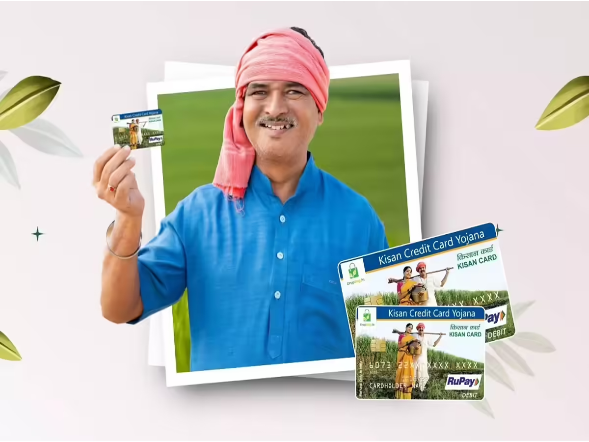 Kisan Credit Card scheme illustration showing farmers with loan benefits