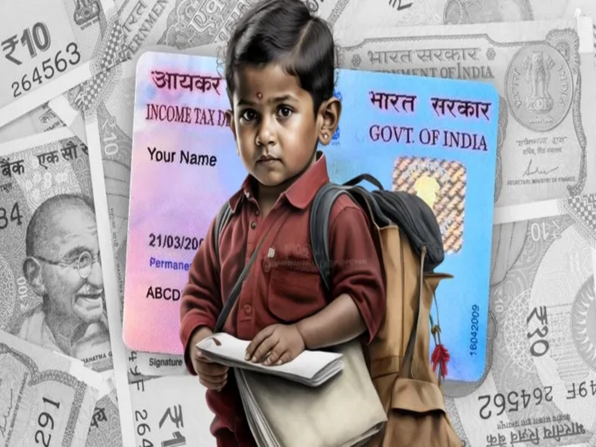 Illustration of a PAN card application form with documents for children, optimized for financial planning articles.