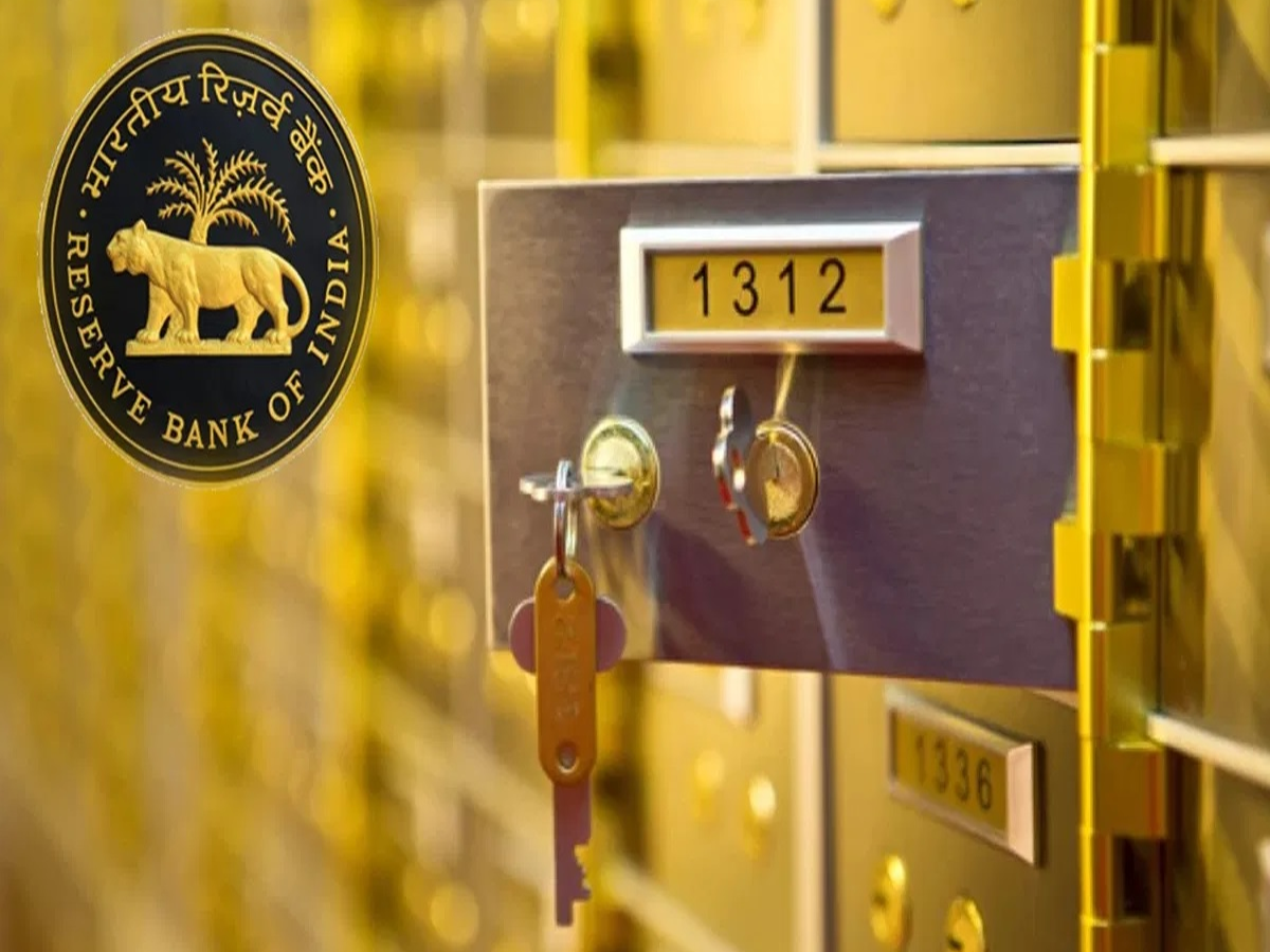 Secure bank locker with RBI logo and a key in the foreground.