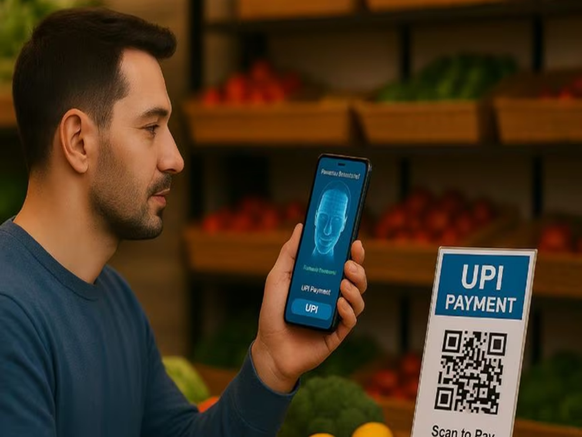 Person using face ID on a mobile phone for secure UPI payment.