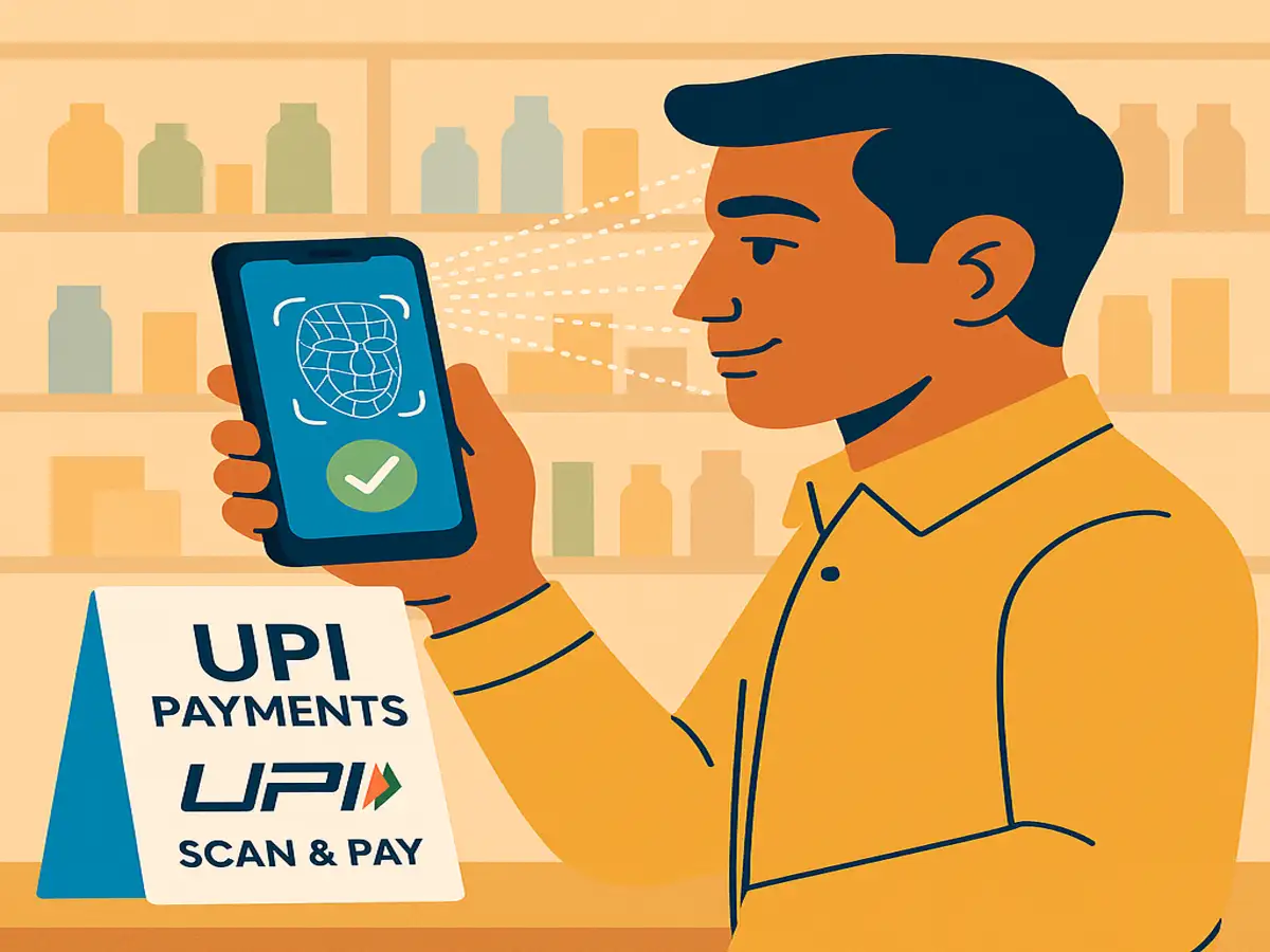 Illustration of a smartphone displaying UPI biometric payment using fingerprint authentication.