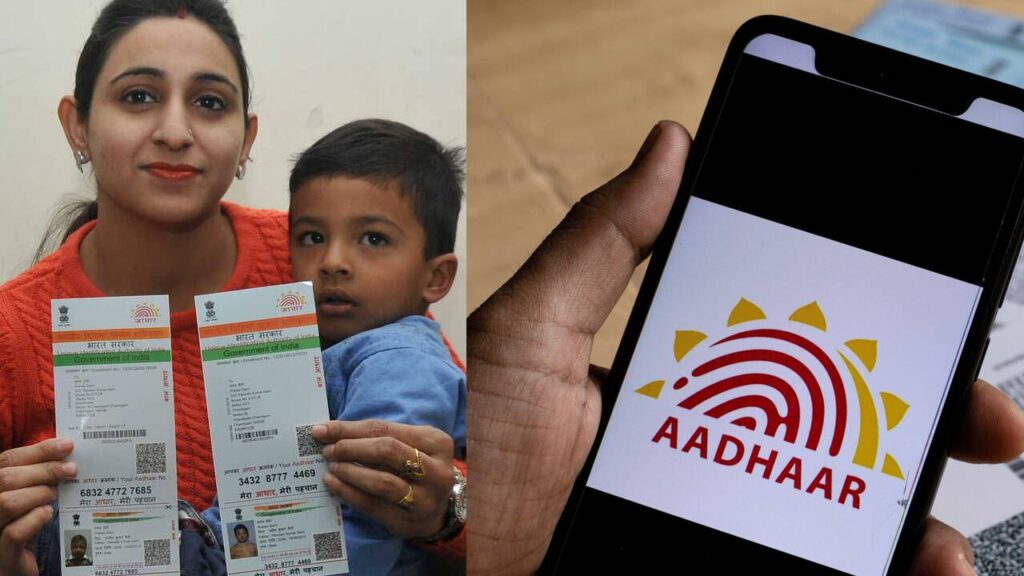 Parents updating child's Aadhaar at a seva kendra, showing documents and biometric scanning process.