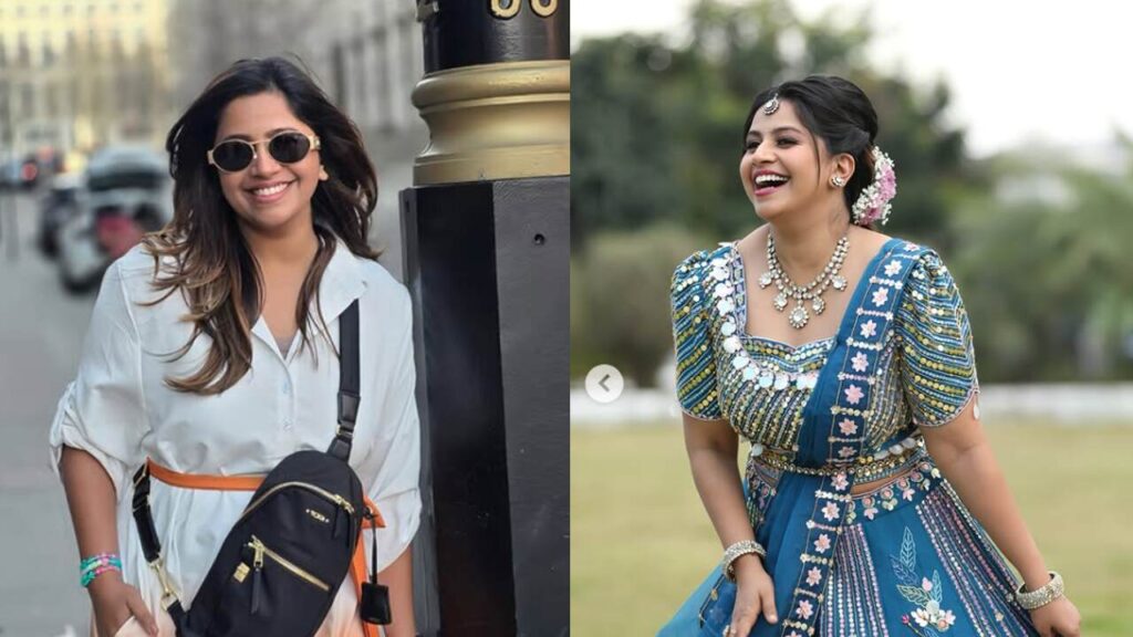 Kannada TV anchor Anushree in traditional attire smiling for her wedding announcement