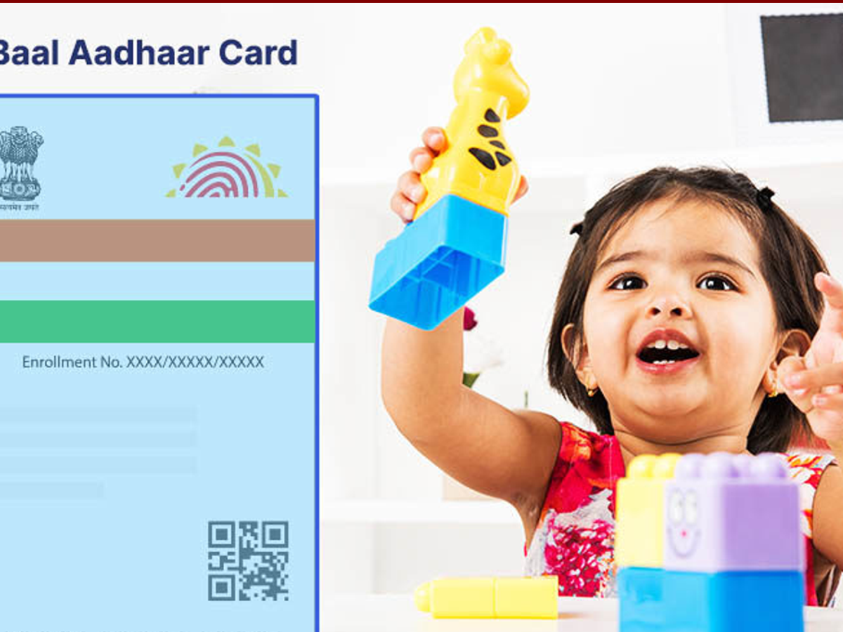 Illustration of a blue Aadhaar card for children with family background