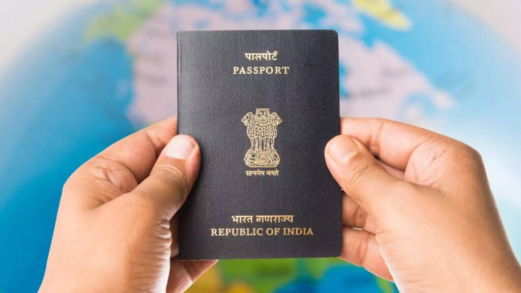 Illustration of an Indian e-Passport with RFID chip and gold emblem for secure travel