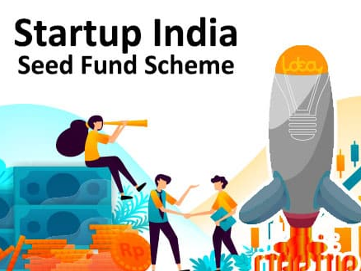 Illustration of a young entrepreneur pitching a startup idea, representing Startup India Seed Fund Scheme.
