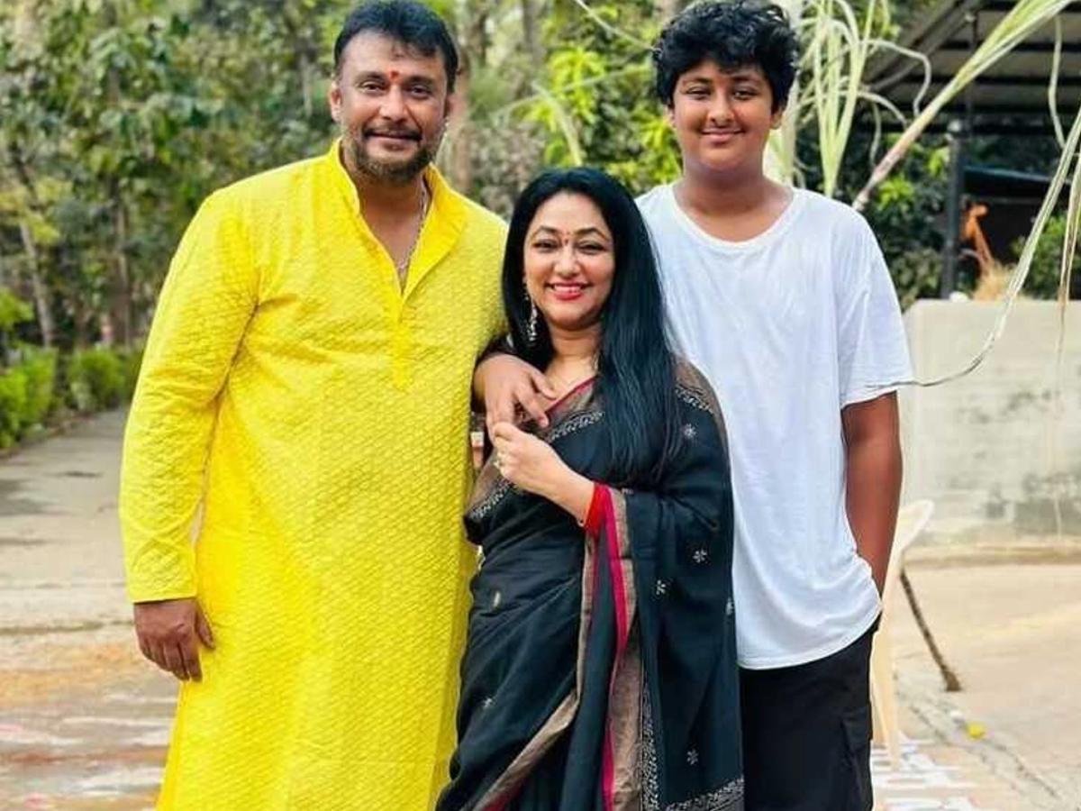 Vijayalakshmi Darshan sharing a temple photo with husband Darshan Thoogudeepa on Instagram, with inspirational caption.