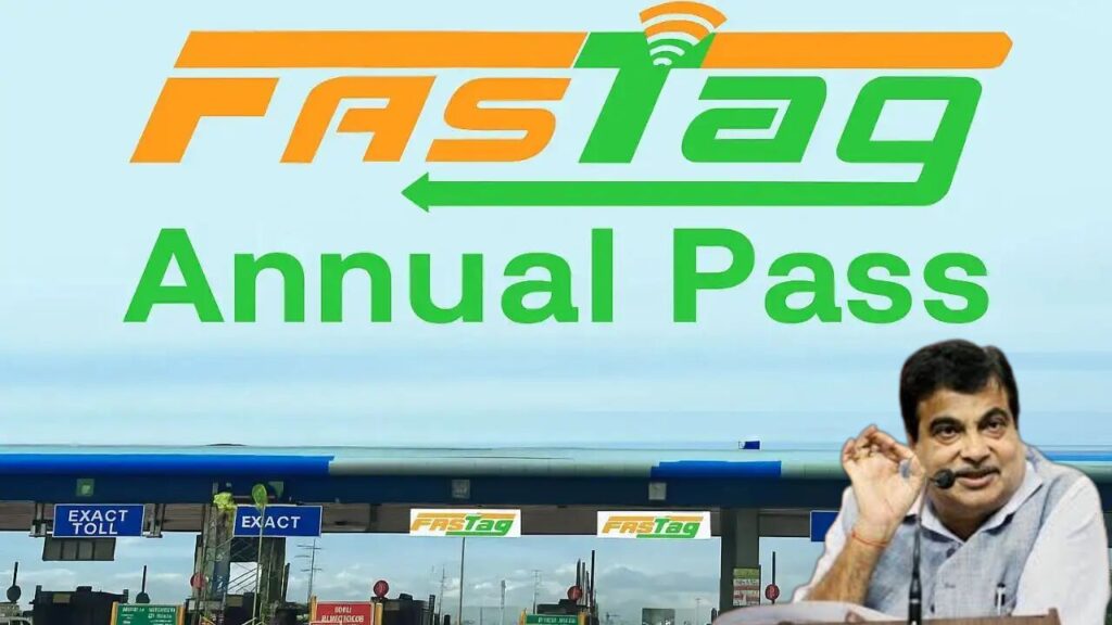 Illustration of a car passing through a toll booth with FASTag Annual Pass logo, optimized for SEO.