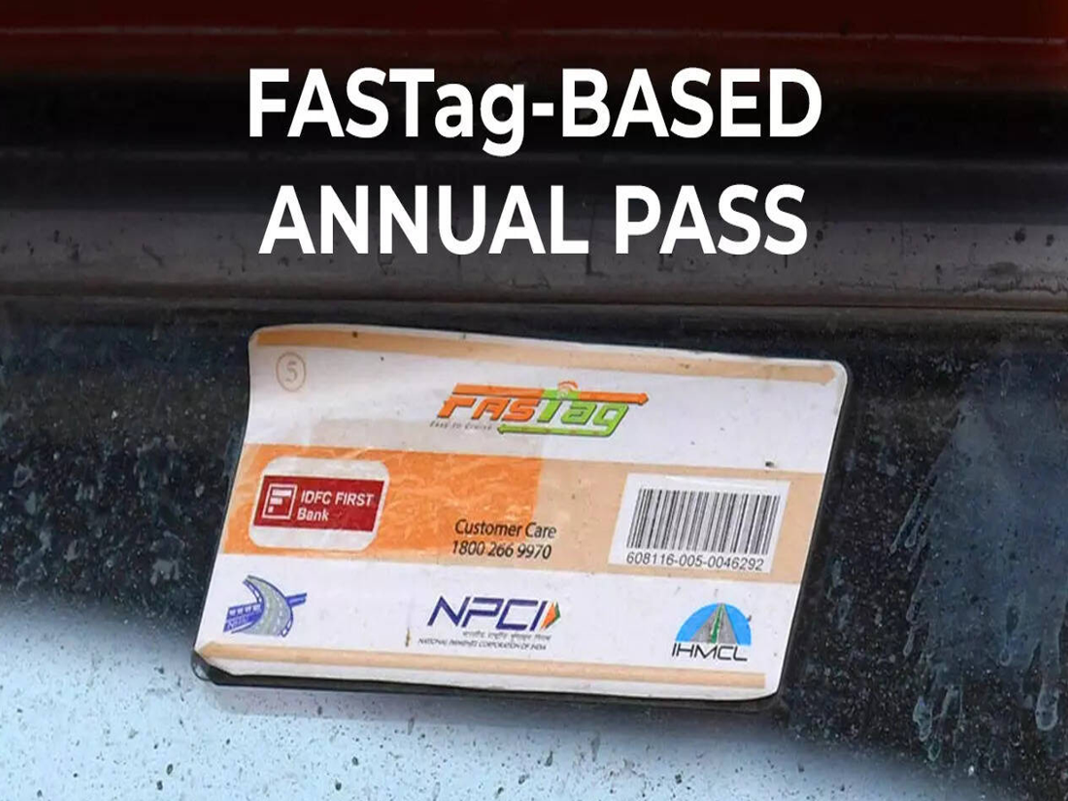 Illustration of a car passing through a toll booth with FASTag Annual Pass logo, optimized for SEO.
