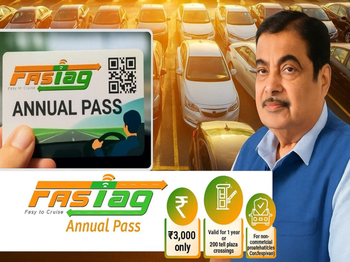FASTag Annual Pass promotional banner showing a car passing through a toll booth.