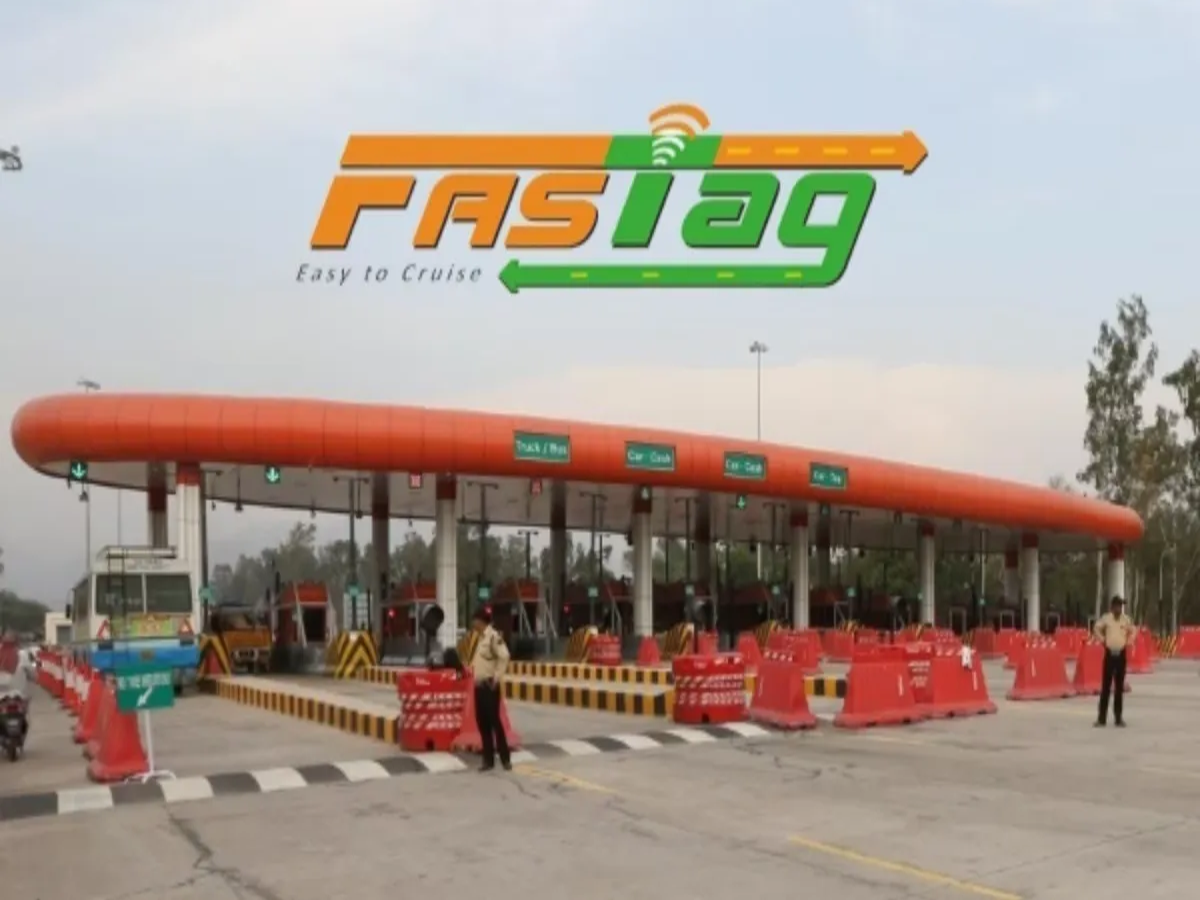 Illustration of a car with FASTag on a national highway toll plaza
