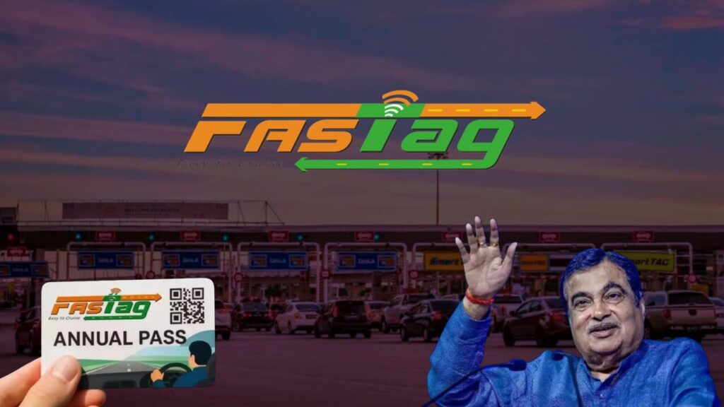 FASTag Annual Pass promotional banner showing a car passing through a toll booth.