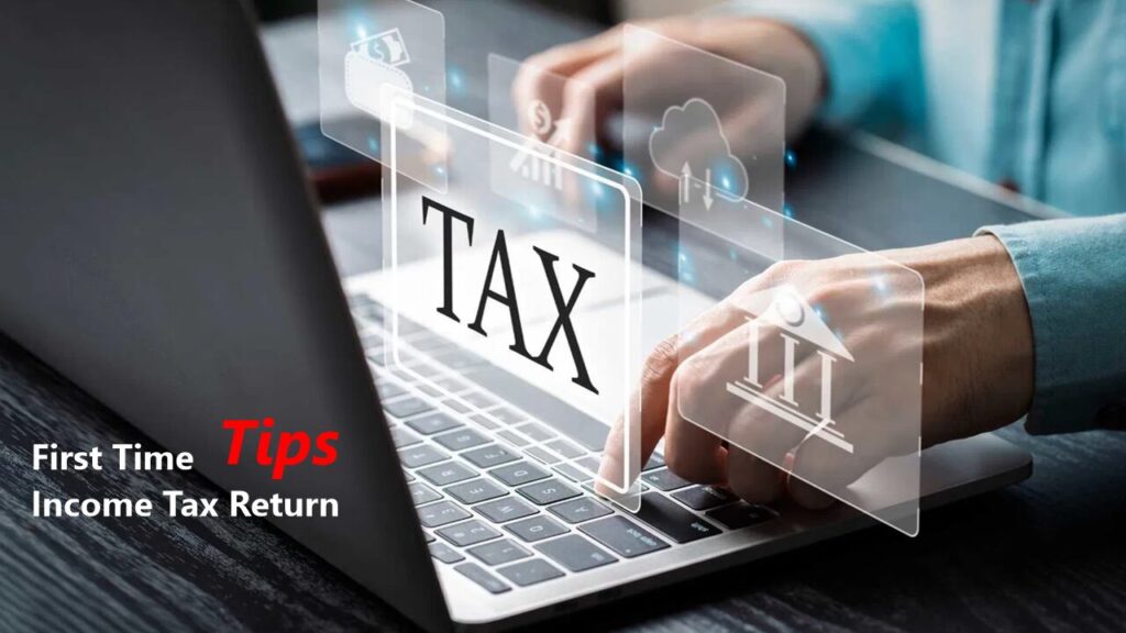 Person reviewing financial documents for income tax return filing, optimized for SEO.