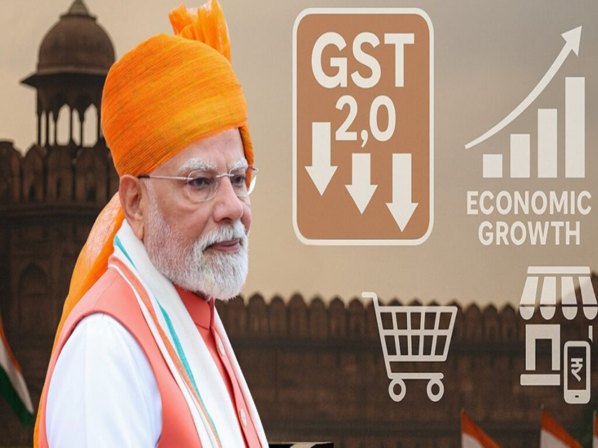 Illustration of GST 2.0 benefits, showing simplified tax slabs and economic growth in India.