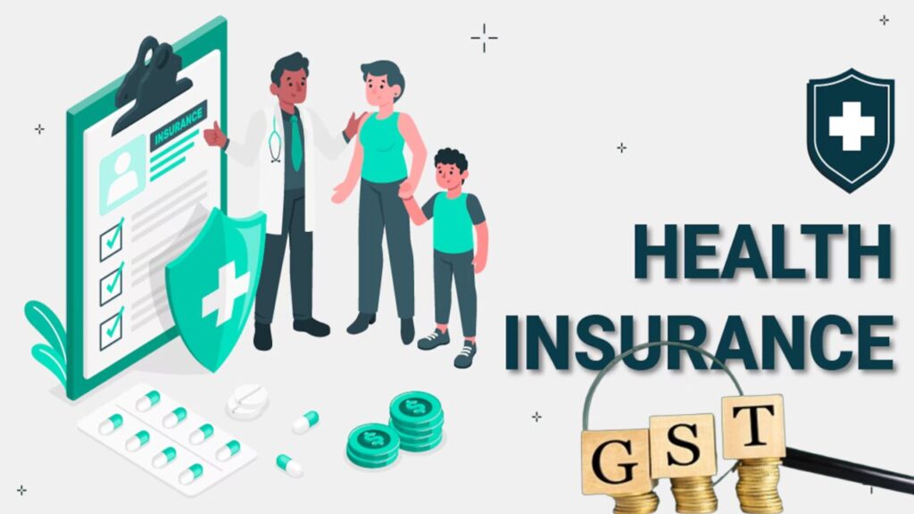 Illustration of health and term life insurance policies with GST exemption benefits, showcasing affordability for Indian families.
