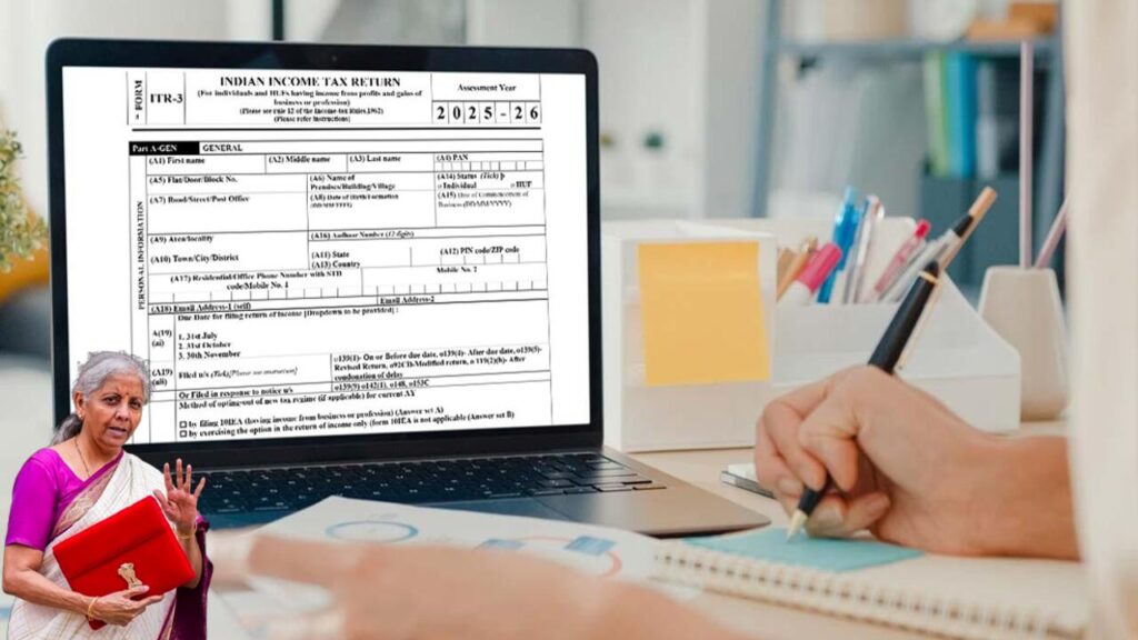 Person filling ITR-3 form on laptop for 2025 tax filing