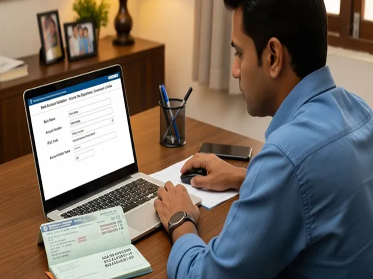 Illustration of a person filing ITR online with a laptop, showing the income tax refund process.