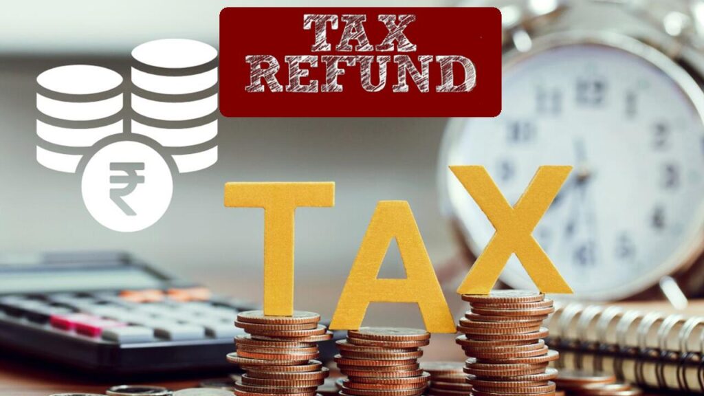 Illustration of a person filing ITR online with a laptop, showing the income tax refund process.