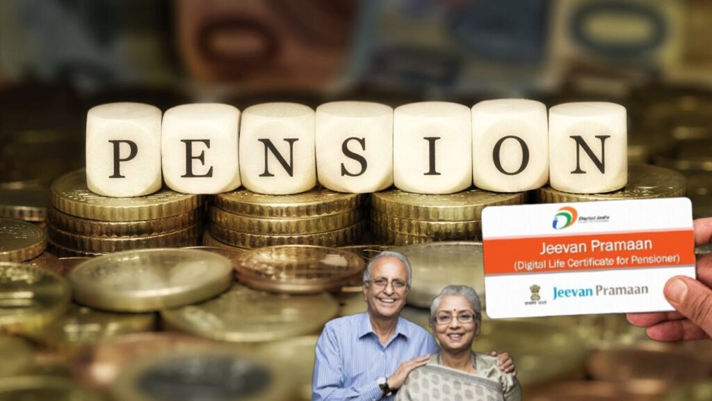 Senior citizen submitting Jeevan Pramaan Patra at a bank counter for pension continuation.