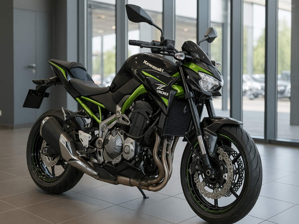 Rider on a Kawasaki Z900 navigating a city road, highlighting its maneuverability and style.