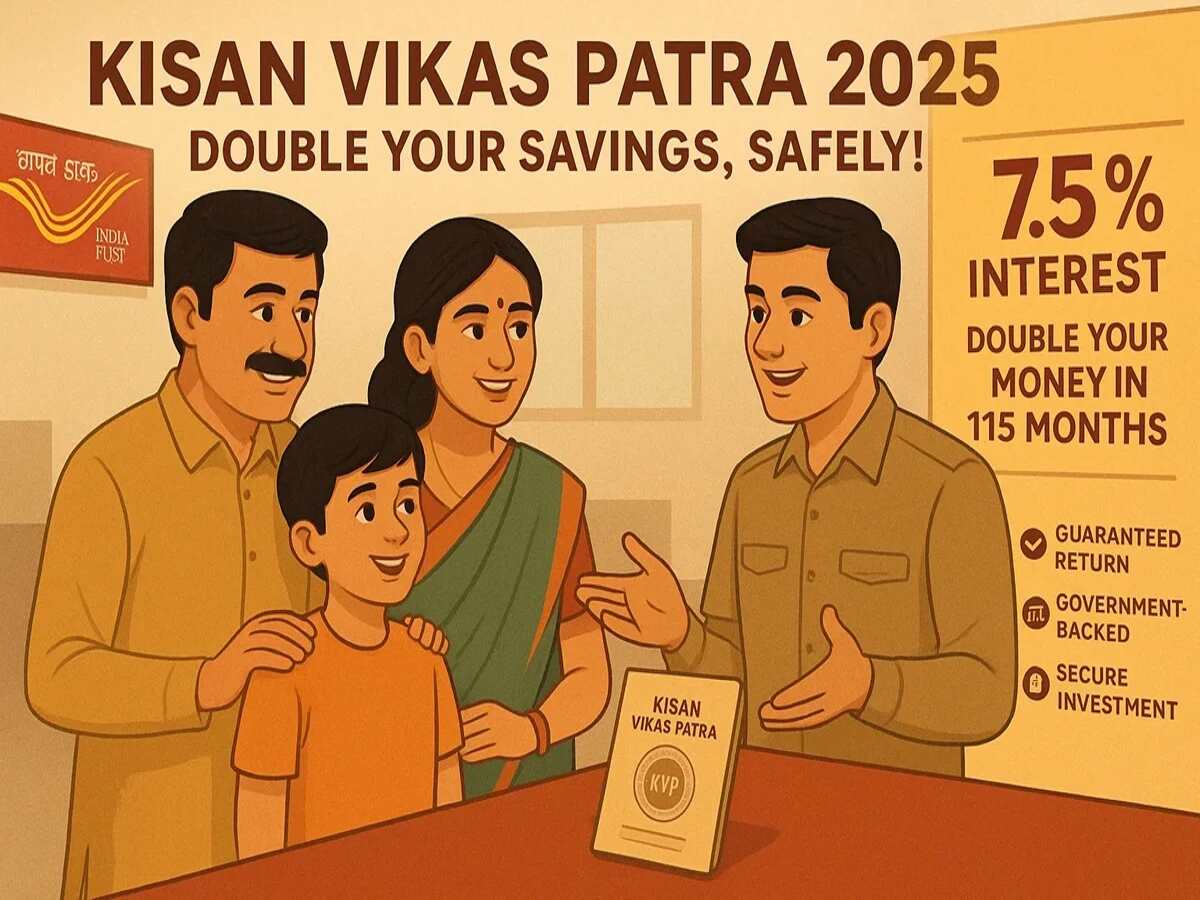 Illustration of Kisan Vikas Patra certificate with 7.5% interest rate and doubling in 115 months