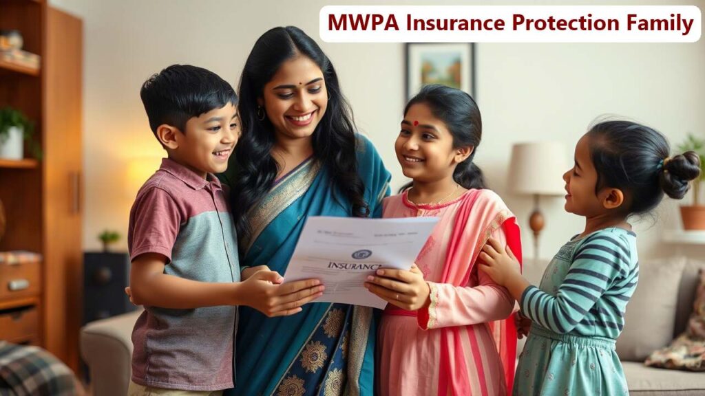 A happy family discussing financial planning, symbolizing MWPA’s protection for wife and children.