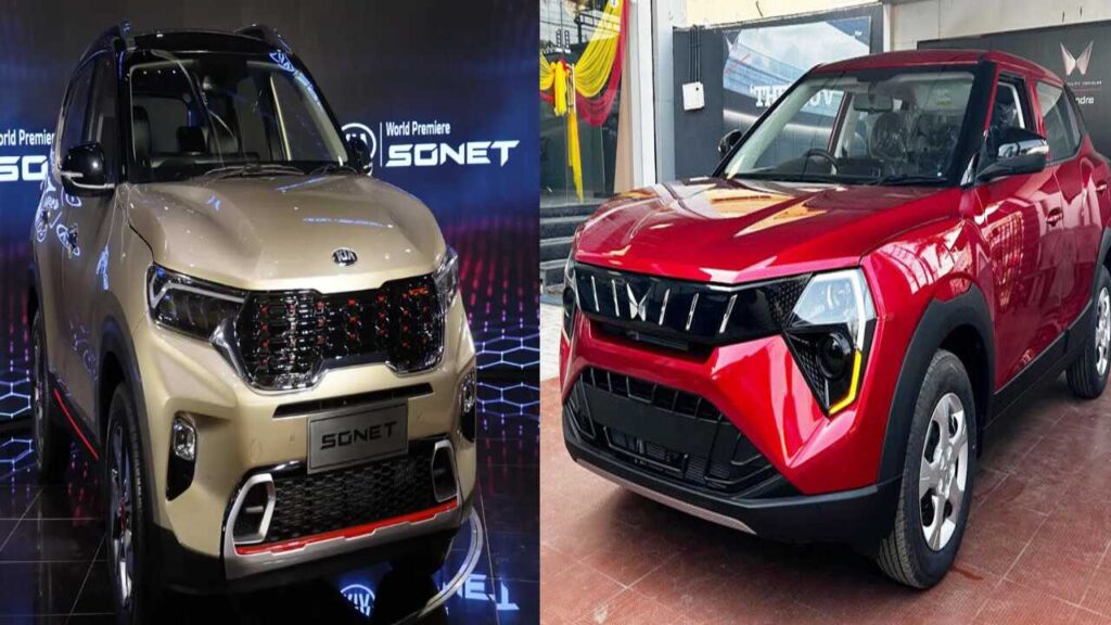 Mahindra XUV 3XO and Kia Sonet parked side by side showcasing their modern designs.
