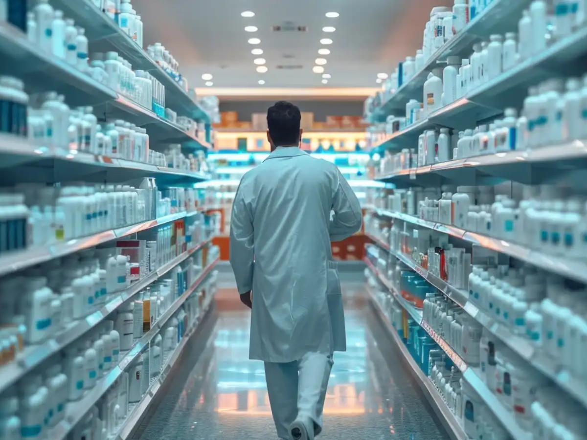 A pharmacist working in a medical store, organizing medicines on shelves, 1200px wide.