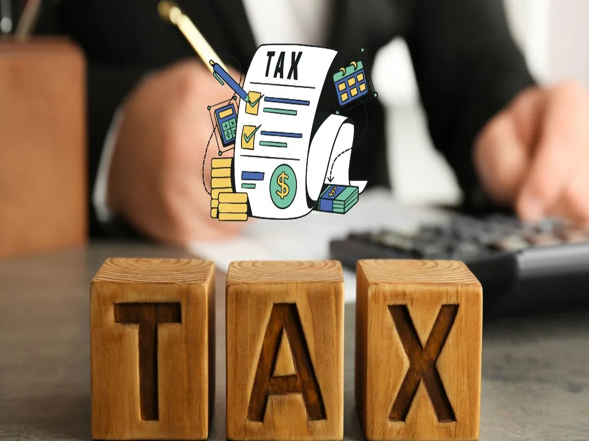 Illustration of a house with a tax document, representing house property tax rules.