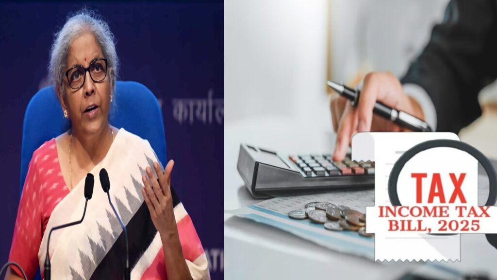 Illustration of a small taxpayer filling out an ITR form for tax refund under the new Income Tax Bill 2025.