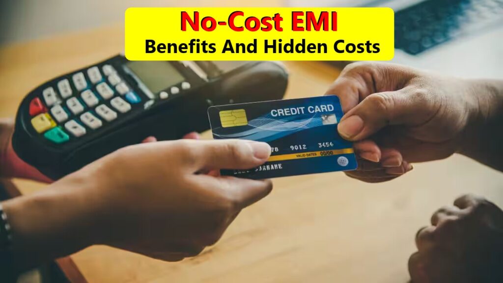 Illustration of a person calculating no-cost EMI payments on a smartphone, optimized for financial planning content.
