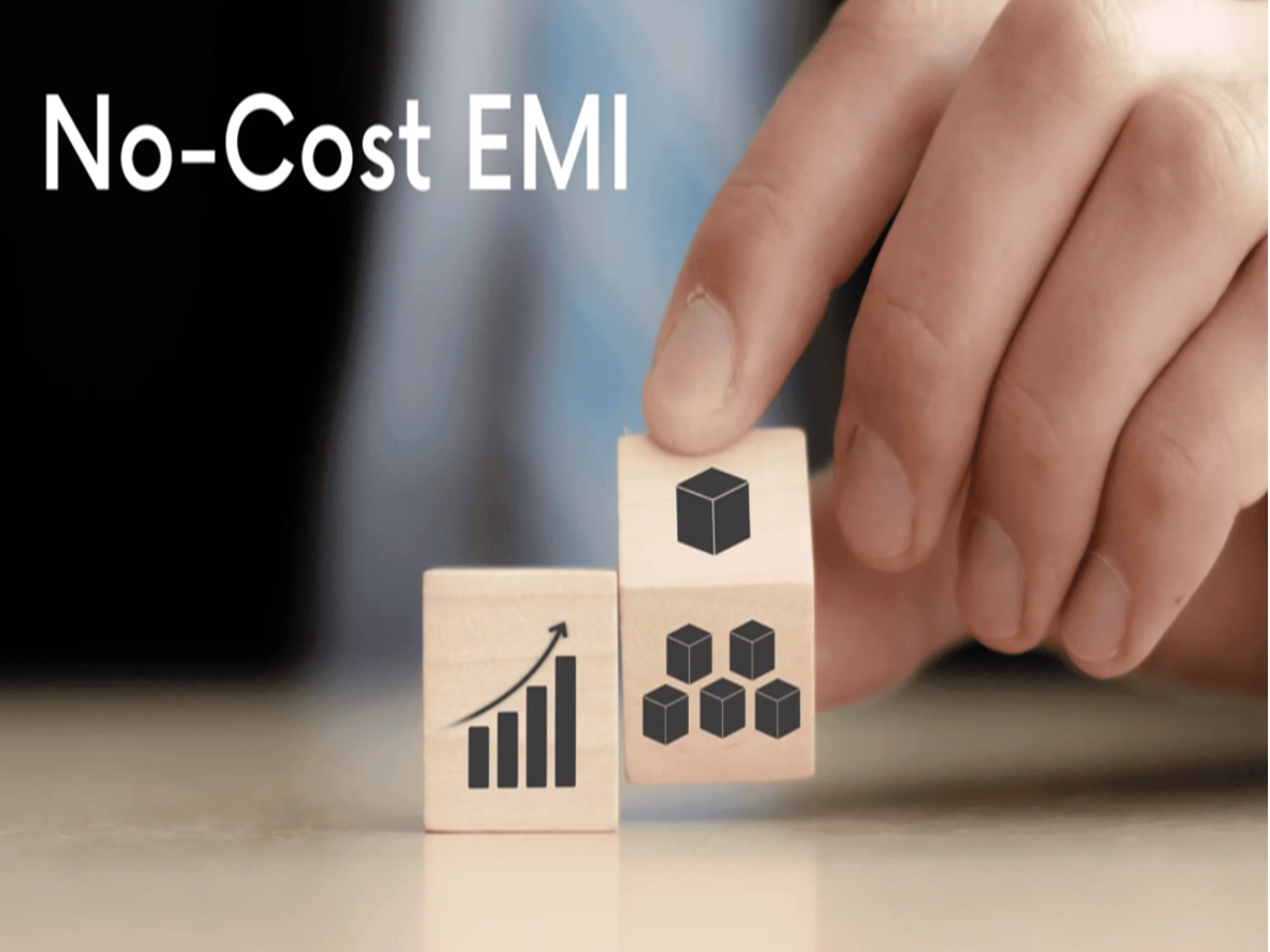 Illustration of a person calculating no-cost EMI payments on a smartphone, optimized for financial planning content.