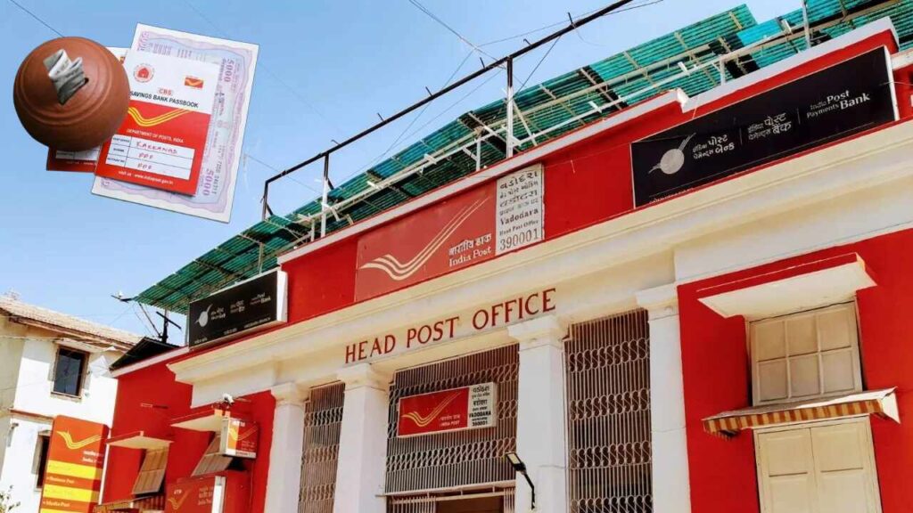 A person depositing money at a post office counter for the RD scheme, with a savings passbook in hand.
