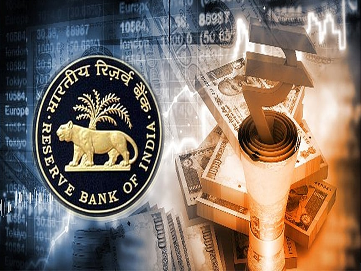Illustration of banking documents and a gavel symbolizing regulatory action by RBI against banks.