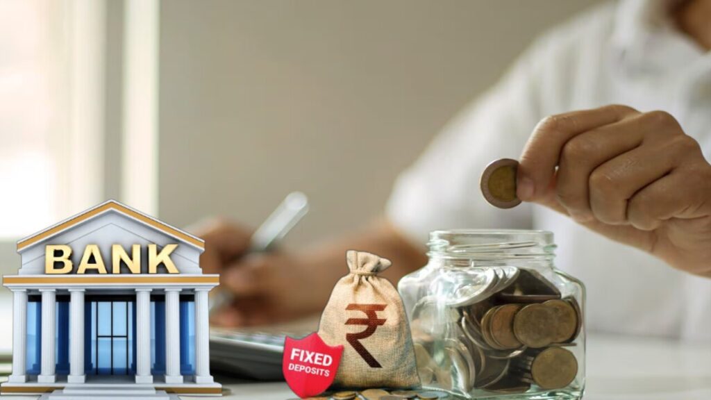 Illustration of a piggy bank with coins, representing fixed deposit savings in small finance banks.