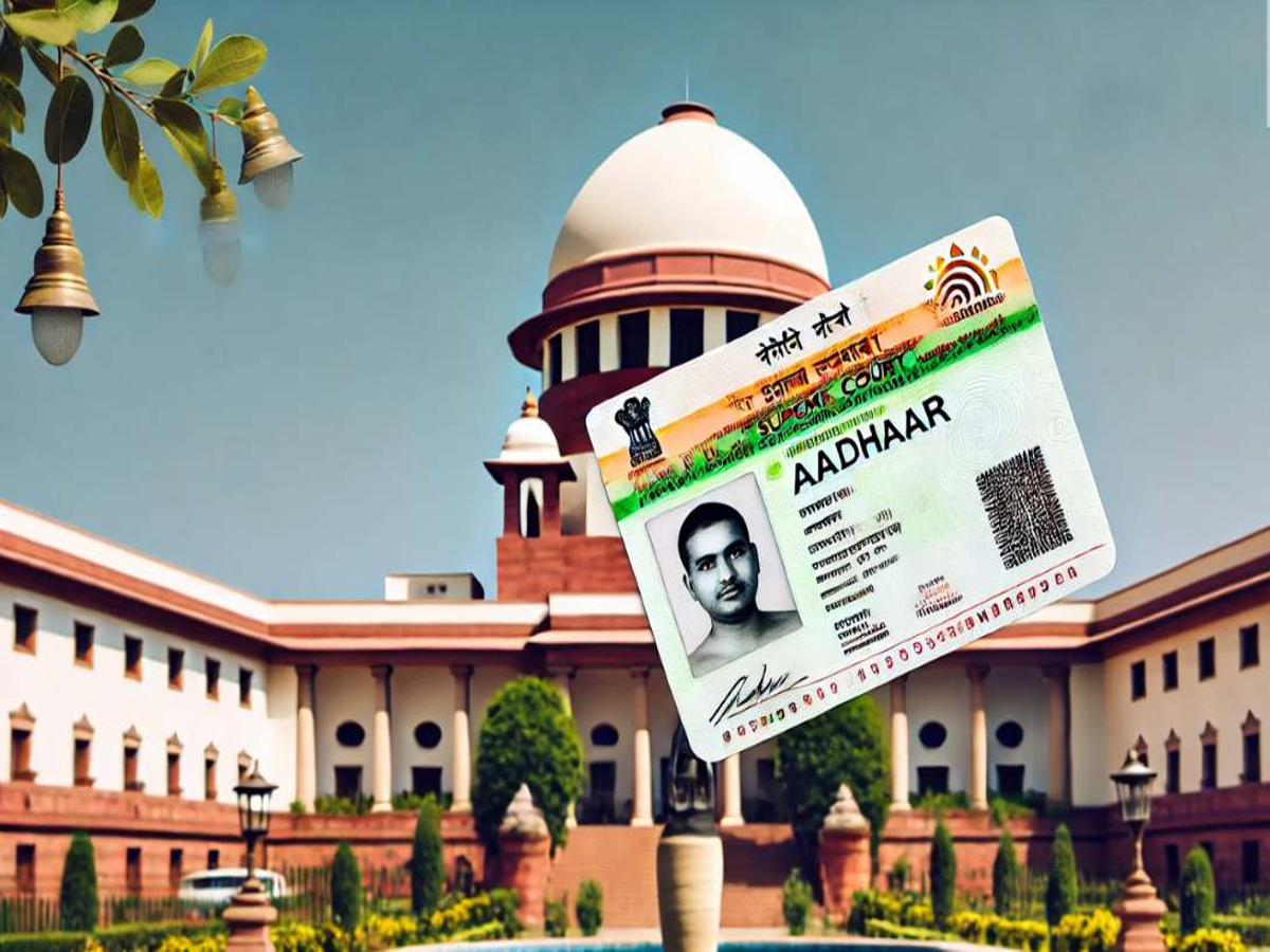 Supreme Court of India building with Bihar election voter list and Aadhaar card illustration for voter verification process.