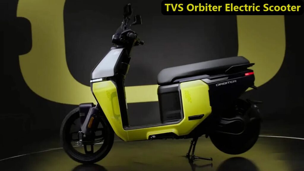 TVS Orbiter electric scooter in Neon Sunburst color parked in an urban setting