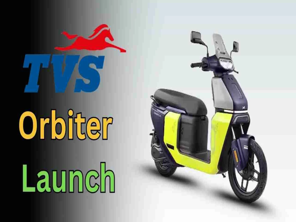 TVS Orbiter electric scooter in Neon Sunburst color parked in an urban setting