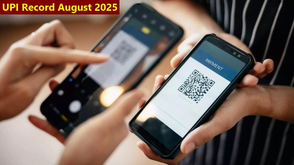 Illustration of a mobile phone displaying a UPI payment interface with transaction growth stats for August 2025.