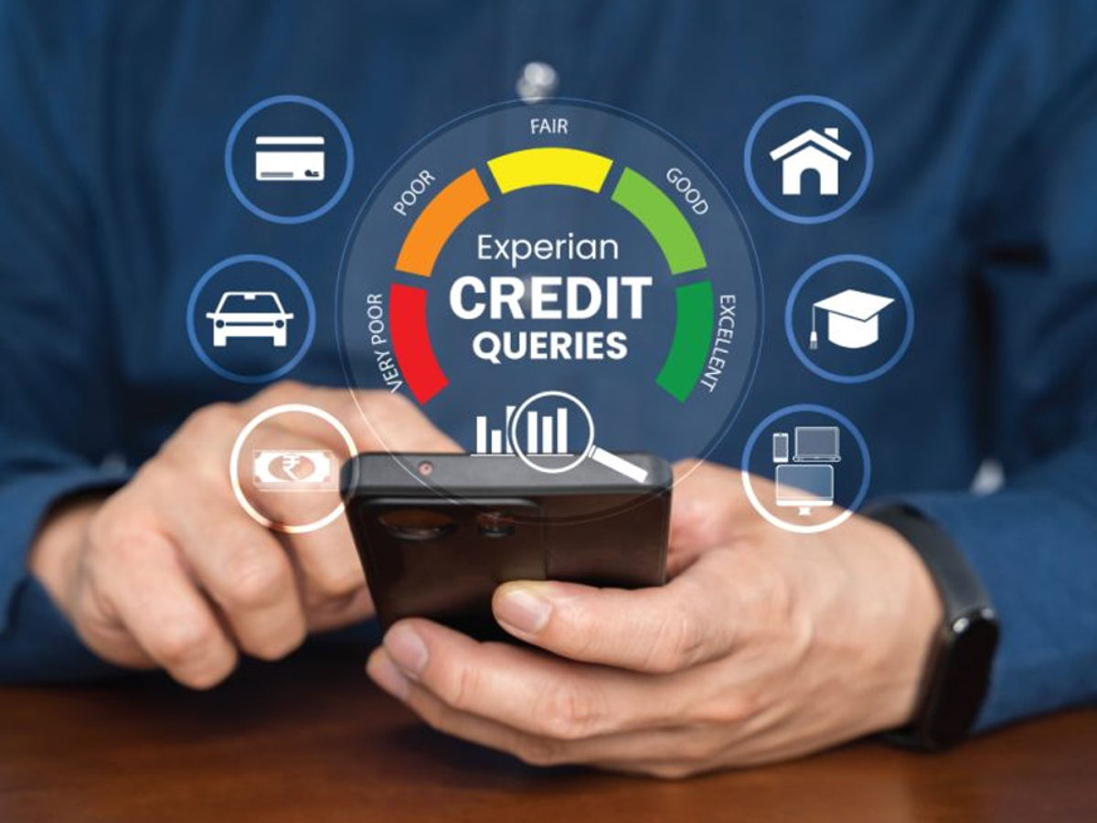 Mobile phone displaying credit report, optimized for online banking tutorials.
