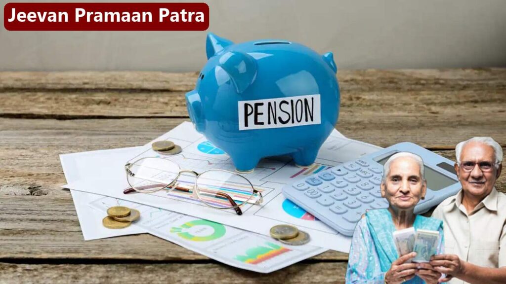 Elderly person submitting Jeevan Pramaan Patra at a bank counter for pension verification.