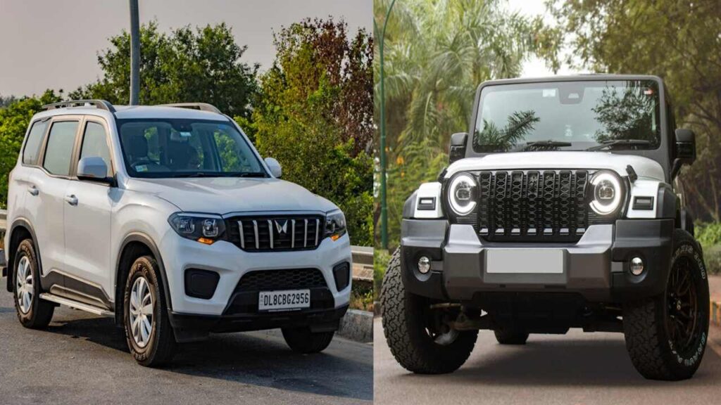 Mahindra Thar and Scorpio in action, depicting Thar’s off-road capability and Scorpio’s on-road comfort.
